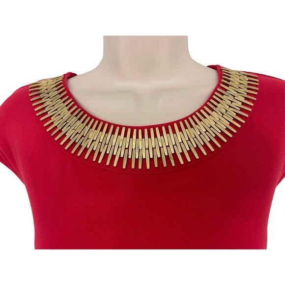 Size 1X 16 RED EMBELLISHED GOLD NECKLINE DRESS Summer Wedding Party PLUS SIZE‎ - Picture 2 of 4